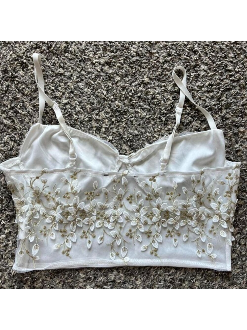White & Gold Floral Embroidered Babydoll Corset XS/S Crop Top Summer Dainty Chic - Picture 5 of 8